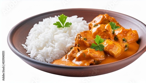 Chicken tikka masala spicy curry meat food with rice in a clay plate isolated on transparent background for menu. View from above, top down view, traditional food. generative ai See Less 
