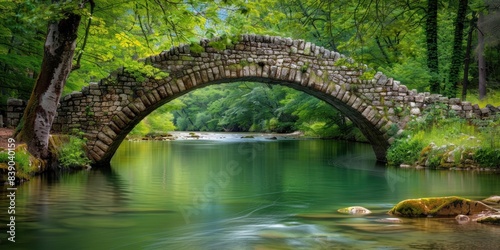 A cobblestone bridge crossing a tranquil river, surrounded by greenery.