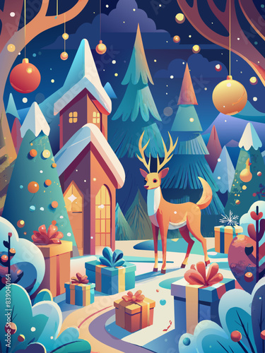 Enchanted Winter Forest with Magical Reindeer and Festive Decorations
