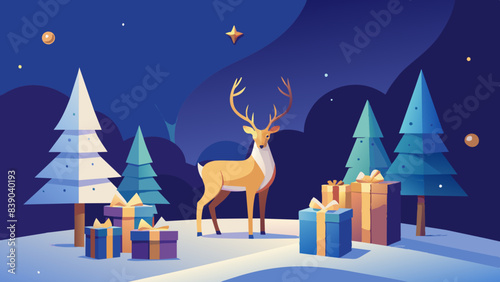 Majestic Reindeer Surrounded by Christmas Gifts in Snowy Landscape