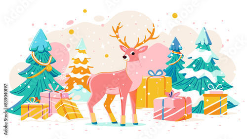 Whimsical Winter Wonderland Scene with Playful Deer and Gifts