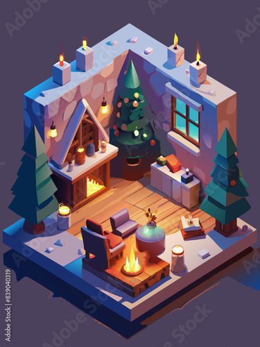 Cozy Winter Cabin Scene with Warm Fireplace and Festive Decorations