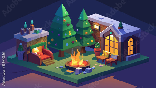 Cozy Winter Evening in a Festive Isometric Home Setting