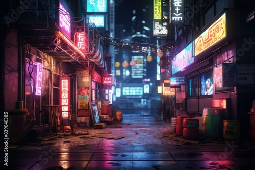 Vibrant, neon-lit alleyway glistens with rainwater under the night sky