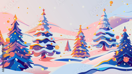 Festive Winter Wonderland with Colorful Christmas Trees and Snowy Landscape