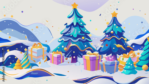 Whimsical Winter Wonderland with Festive Trees and Gifts