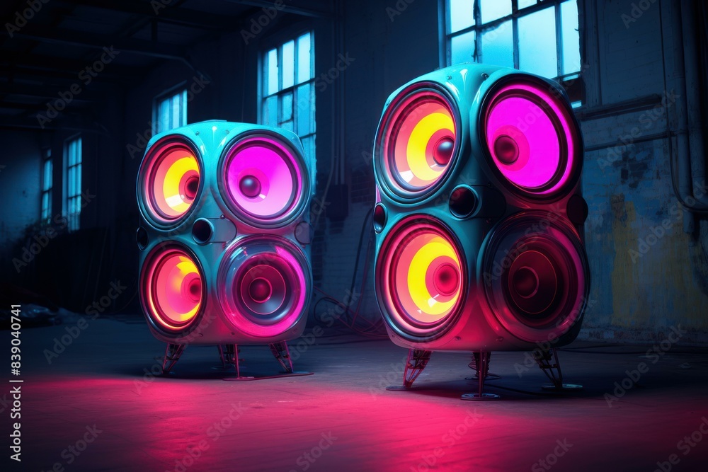Futuristic speakers with neon lights in an industrial setting, emanating vibrant sound waves Futuristic speakers with neon lights in an industrial setting, emanating vibrant sound waves