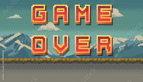 Game over Pixel art design with mountain landscape background. Colorful arcade screen for game design.