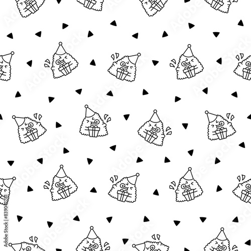 Cute kawaii onigiri. Seamless pattern. Coloring Page. Funny sushi cartoon character. Asian rice and nori food. Hand drawn style. Vector drawing. Design ornaments.