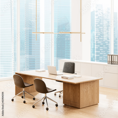 Cozy director's room interior with work desk, armchairs and panoramic window