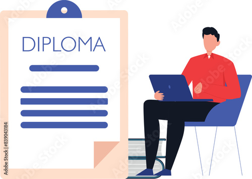 Boy working on laptop on diploma.