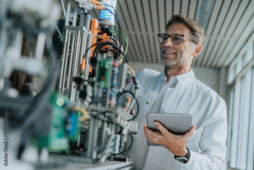Smiling male scientist holding digital tablet examining machinery in laboratory
