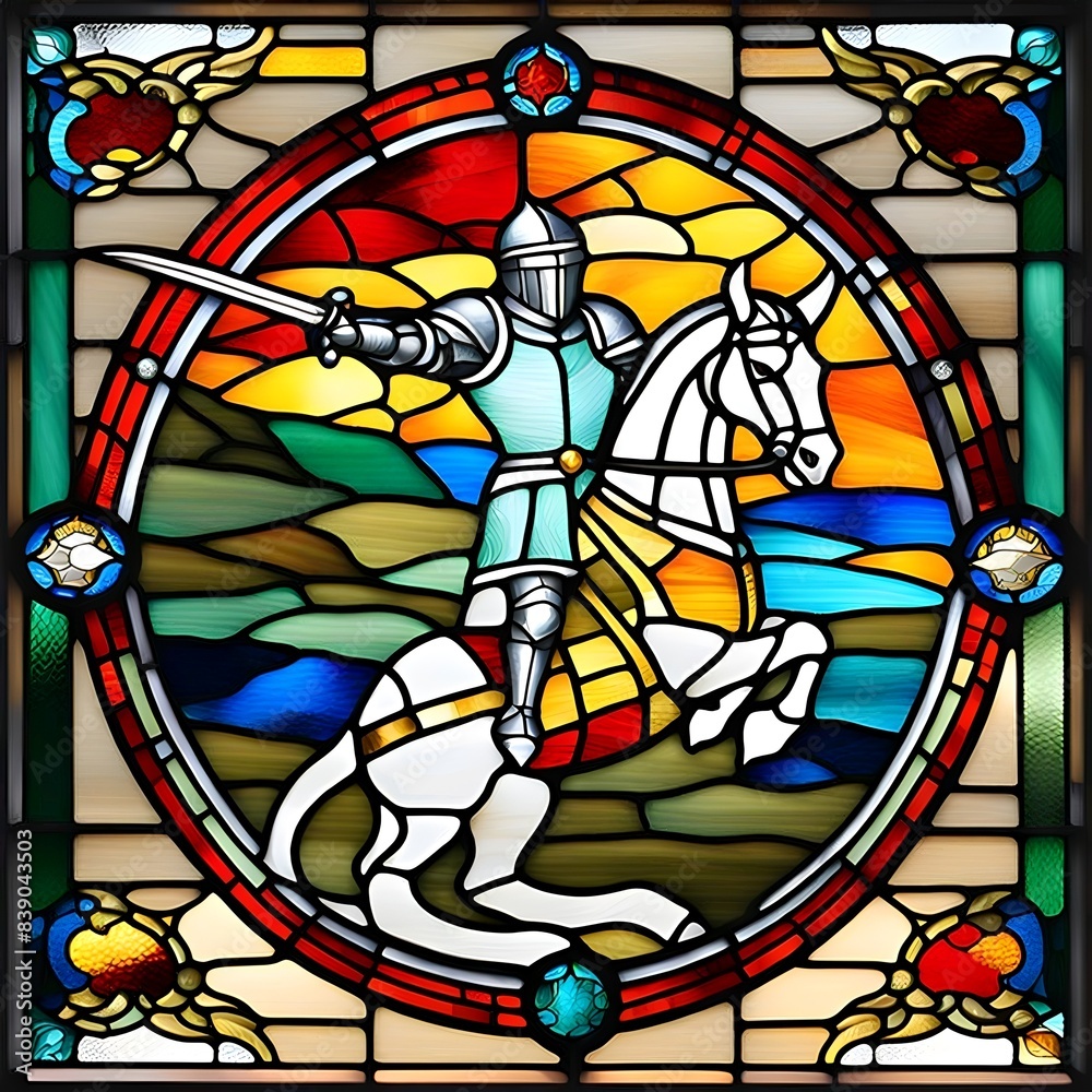 A knight in shining armor on a white horse, depicted in a stained glass window A knight in shining armor on a white horse, depicted in a stained glass window