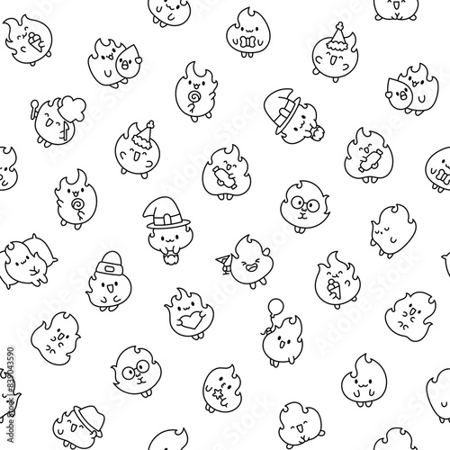 Cute kawaii fire character. Seamless pattern. Coloring Page. Hot cartoon flame energy. Hand drawn style. Vector drawing. Design ornaments.