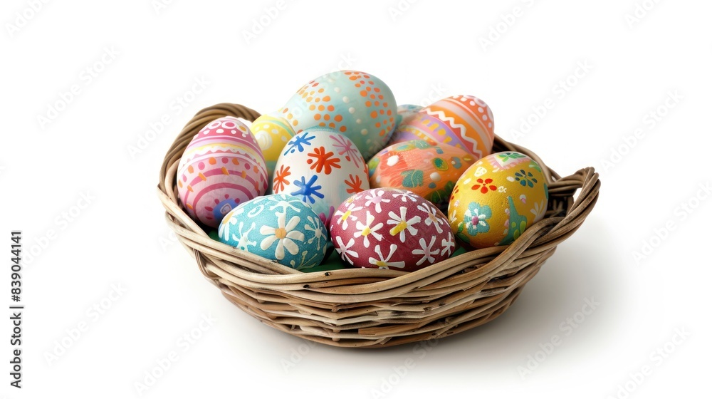 Wicker Basket Full Of Colorful Easter Eggs Presented On White Background. Many painted Easter eggs are placed in a woven rattan basket Wicker Basket Full Of Colorful Easter Eggs Presented On White Background. Many painted Easter eggs are placed in a woven rattan basket
