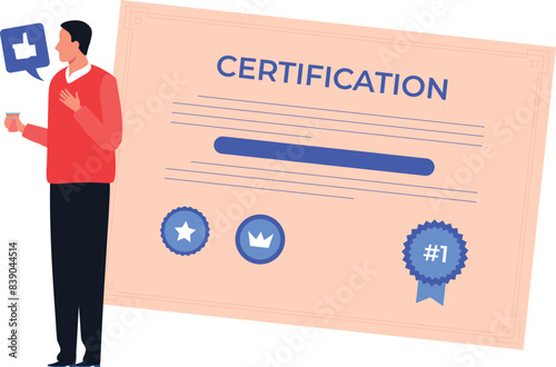 The boy is telling about online certification.