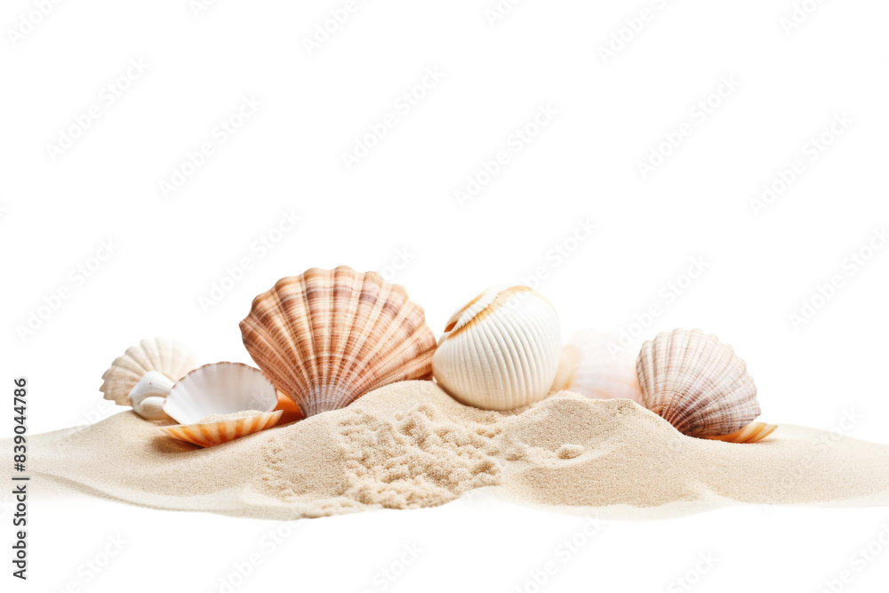 Whispers of the Sea: Seashells and Sand Dance on White Canvas on a White or Clear Surface PNG Transparent Background.. Whispers of the Sea: Seashells and Sand Dance on White Canvas on a White or Clear Surface PNG Transparent Background..