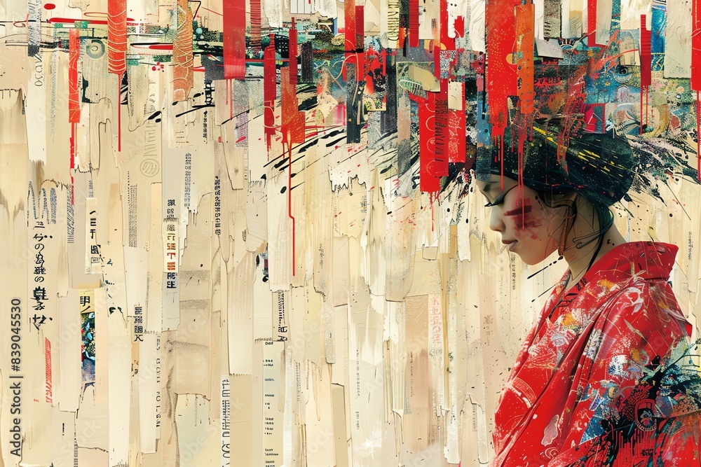 Naklejka premium Abstract painting of a woman in a red kimono with colorful lines and geometric shapes