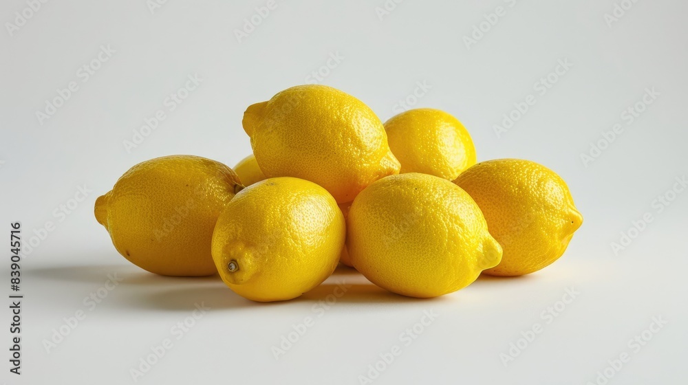 A cluster of vivid yellow lemons arranged neatly on a pristine white background, highlighting their freshness. A cluster of vivid yellow lemons arranged neatly on a pristine white background, highlighting their freshness.