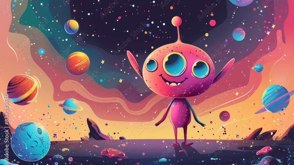 Fototapeta premium Happy cartoon alien with pink skin and big bright eyes, standing in a colorful galaxy with planets and comets, joyful and inviting