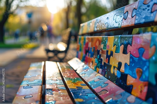 Wallpaper Mural Colorful bench with puzzle pattern in the park at sunset. Concept art image evoking creativity and relaxation. Artistic and vibrant street furniture scene perfect for various design projects Torontodigital.ca