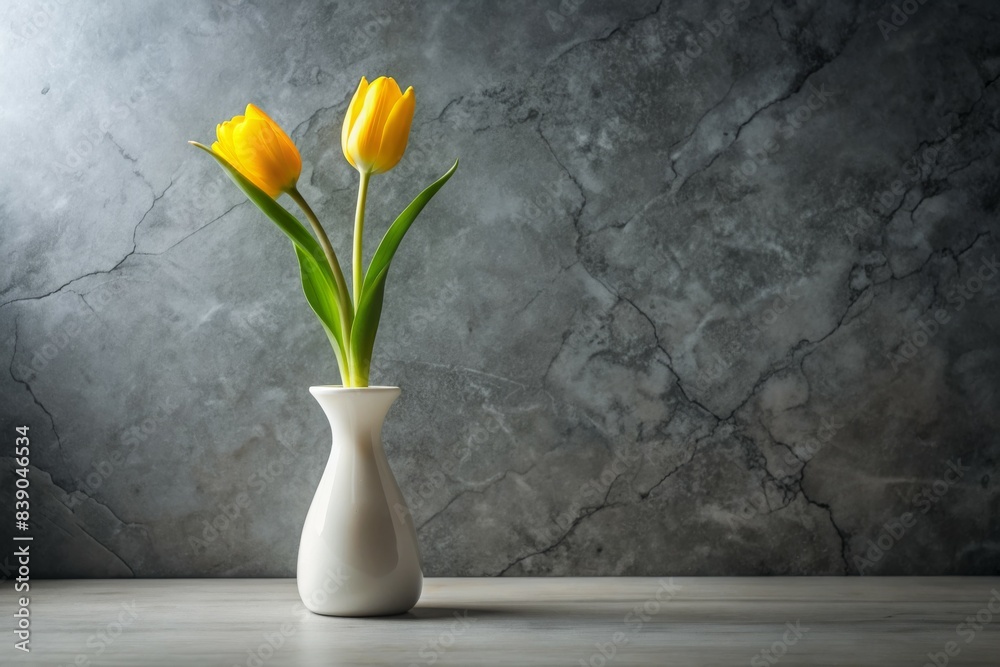 Vase with bouquet of tulip flowers on white decorative brick wall. Natural flowery background with spring yellow blossom tulip. Vase with bouquet of tulip flowers on white decorative brick wall. Natural flowery background with spring yellow blossom tulip.