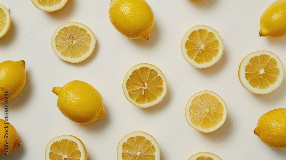 A group of lemons cut in half, revealing their juicy insides on a clean white background. A group of lemons cut in half, revealing their juicy insides on a clean white background.