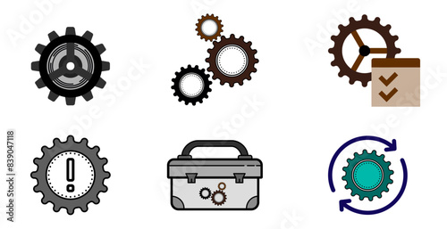 a white background with a box that has gears and gears on it.