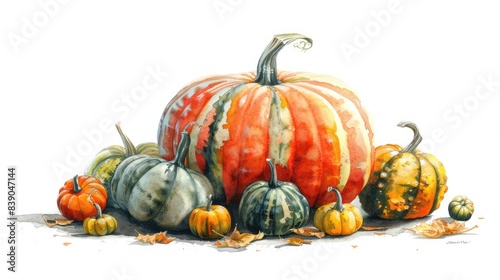 A large, vibrant pumpkin surrounded by smaller pumpkins on a white background, creating a dynamic composition. photo
