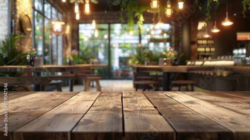 Empty wooden table top for product display, presentation stage. Blurry restaurant with lights in the background.  © AIExplosion