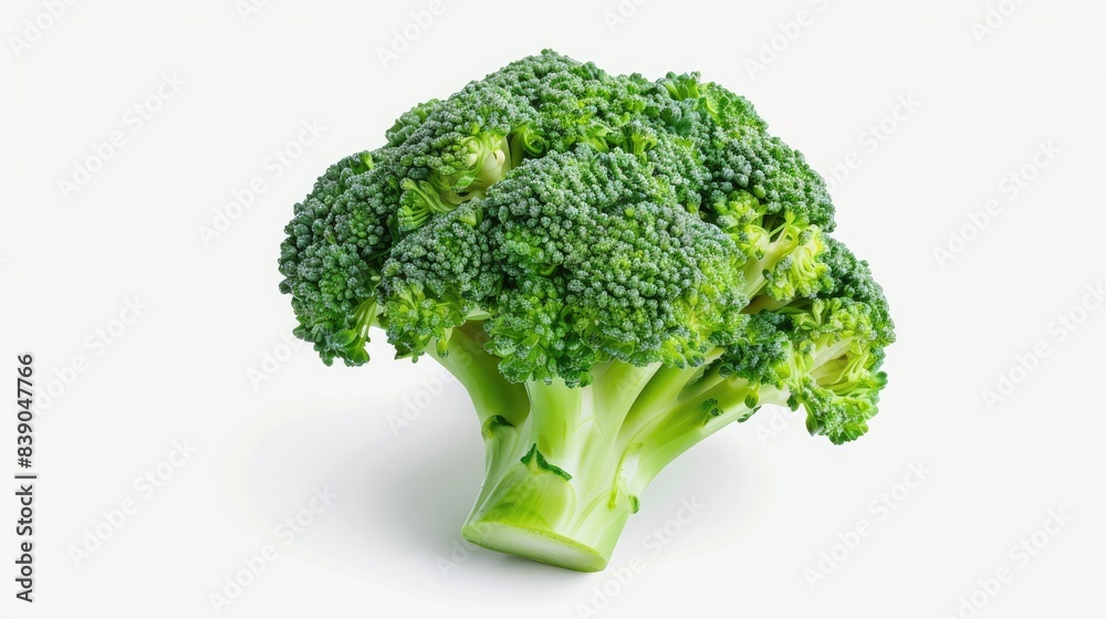 A single, fresh broccoli floret placed on a white background, showcasing its vibrant green color. A single, fresh broccoli floret placed on a white background, showcasing its vibrant green color.