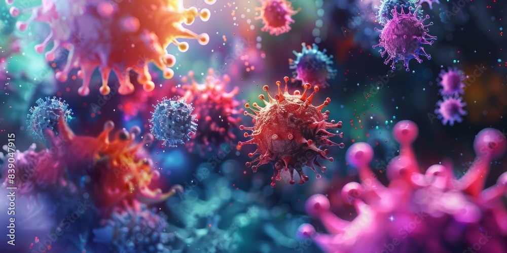 A close-up image of colorful viruses under a microscope A close-up image of colorful viruses under a microscope