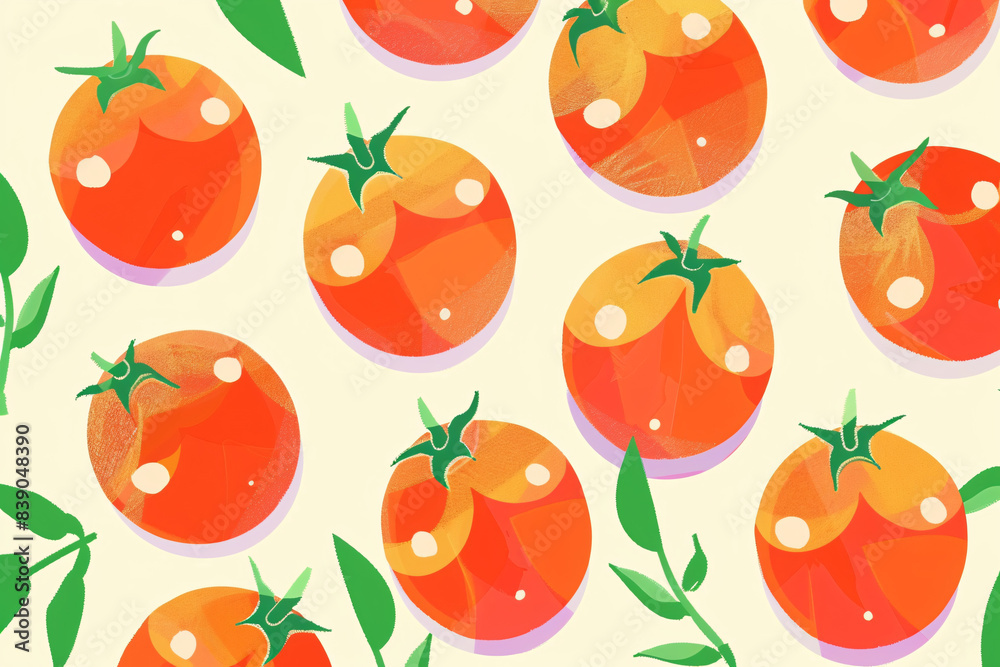 Colorful pattern of ripe tomatoes with green leaves on a light yellow background creating a vibrant and fresh look Colorful pattern of ripe tomatoes with green leaves on a light yellow background creating a vibrant and fresh look