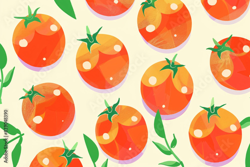 Colorful pattern of ripe tomatoes with green leaves on a light yellow background creating a vibrant and fresh look