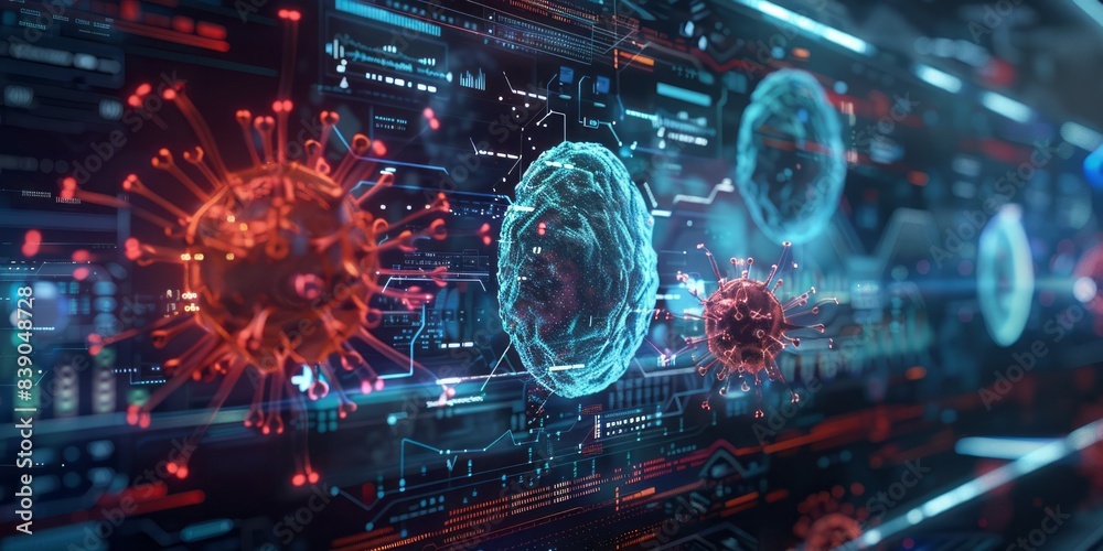 A digital rendering of virus particles in a technologically-themed environment A digital rendering of virus particles in a technologically-themed environment