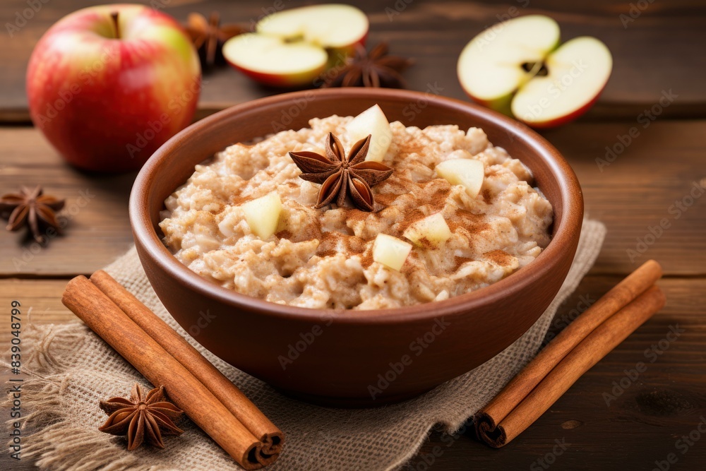 Warm oatmeal with fresh apple pieces, cinnamon, and star anise on a rustic wooden table Warm oatmeal with fresh apple pieces, cinnamon, and star anise on a rustic wooden table