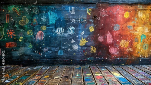 A wall and floor covered in vibrant chalk drawings