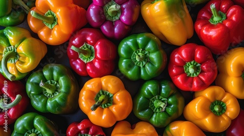 A top-down view of vibrant bell peppers on a white mountain, highlighting their bright and appealing colors.