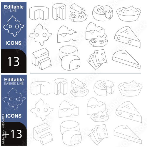 Set di icone della linea piatta del formaggio. Parmigiano, mozzarella, yogurt, olandese, ricotta, burro, illustrazioni vettoriali a pezzi di chees Segni di contorno per il negozio di prodotti