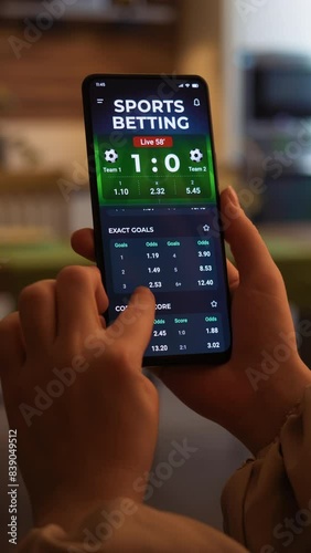 Making online bet on sports betting app. Watching live football score broadcast on a gambling smartphone application and gambling. Internet gambling concept. Fictional Interface, vertical video.