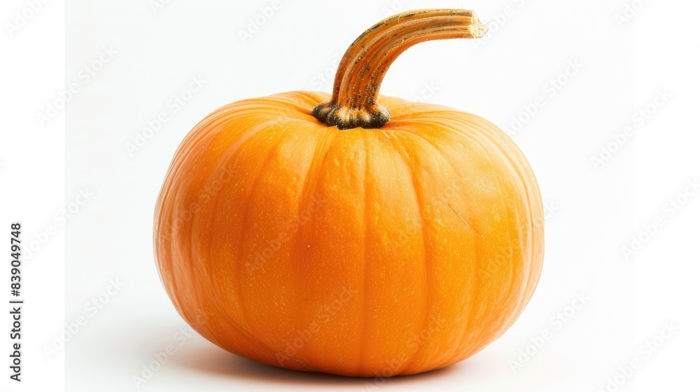 An orange pumpkin placed at an angle on a white background, showcasing its rich color and detailed stem. An orange pumpkin placed at an angle on a white background, showcasing its rich color and detailed stem.