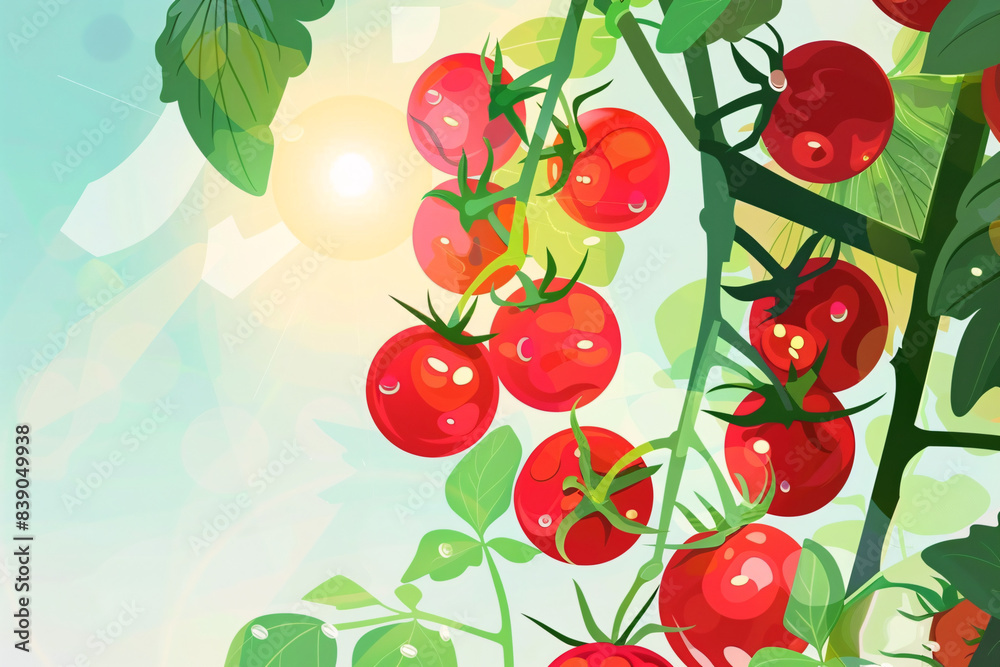 A tomato plant with ripe red tomatoes and green leaves is illuminated by warm sun rays in a sunny garden setting A tomato plant with ripe red tomatoes and green leaves is illuminated by warm sun rays in a sunny garden setting