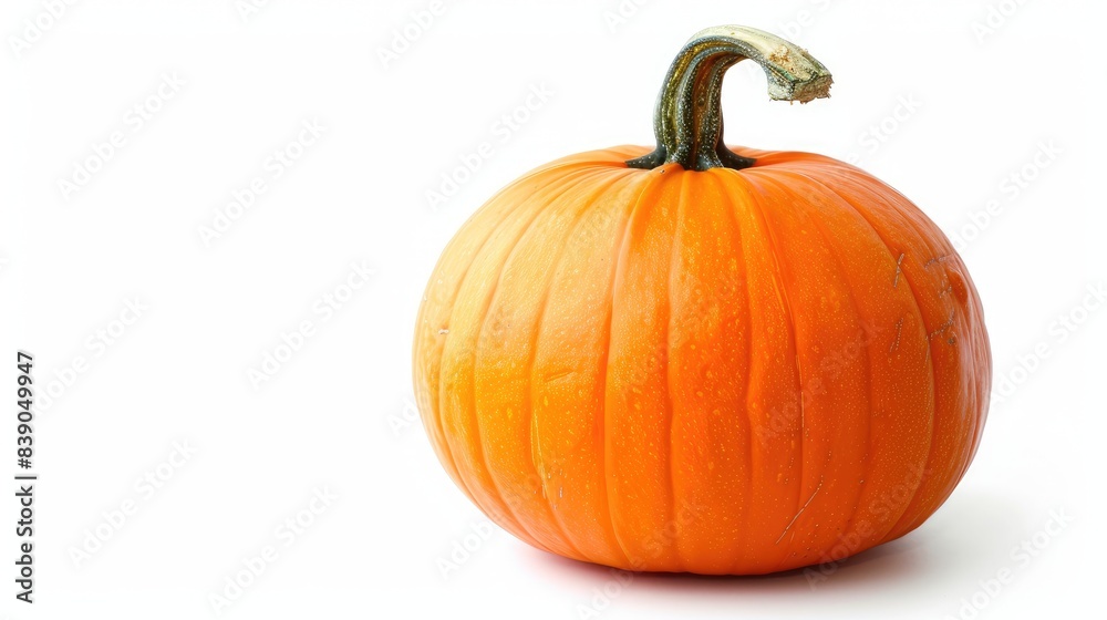 Obraz premium An orange pumpkin with its green stem intact on a clean white background, highlighting its freshness.