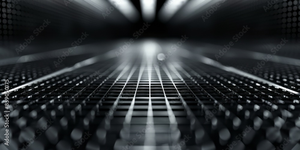 A black and white perspective shot of a metal grid floor with lights in the distance A black and white perspective shot of a metal grid floor with lights in the distance