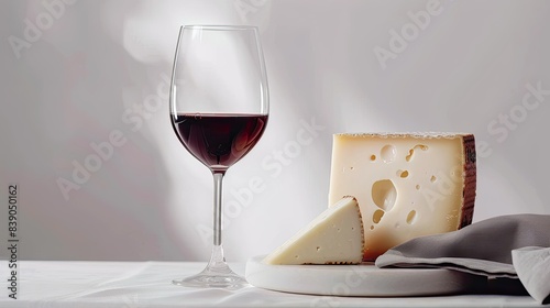 A glass of red wine and a plate of cheese, set against a minimal white backdrop, ideal for elegant and sophisticated advertising