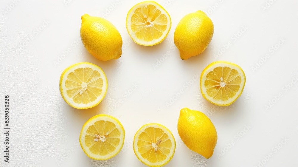 Bright lemons forming a circular pattern on a white background, showcasing their cheerful color. Bright lemons forming a circular pattern on a white background, showcasing their cheerful color.