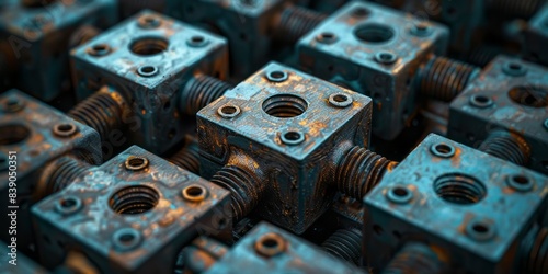 Close-up of blue metal cubes with visible screws, nuts, and rust