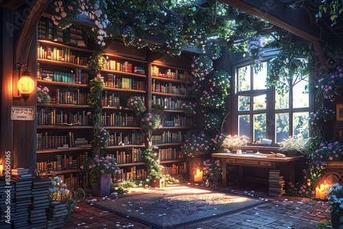 Enchanted library with bookshelves, flowers, and candles.