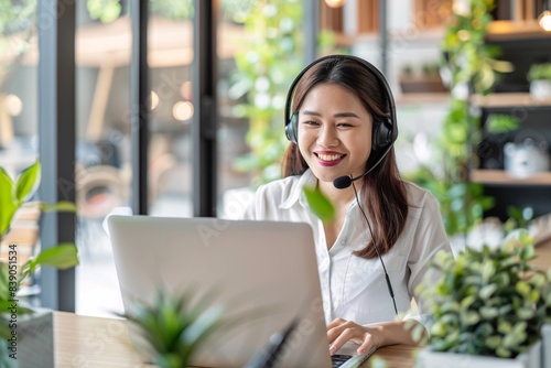 Smiling Asian woman telemarketing customer service agent team, call center job concept