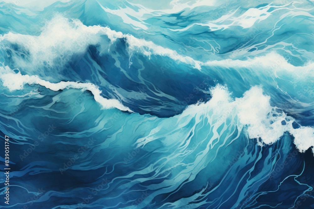 Illustration of powerful blue waves with white foam, perfect for backgrounds or themes related to the sea
